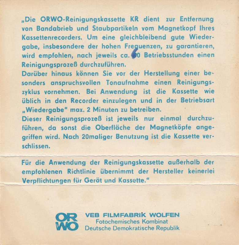 Compact Cassette ORWO "KR" Cleaning Cassette 1979 East Germany