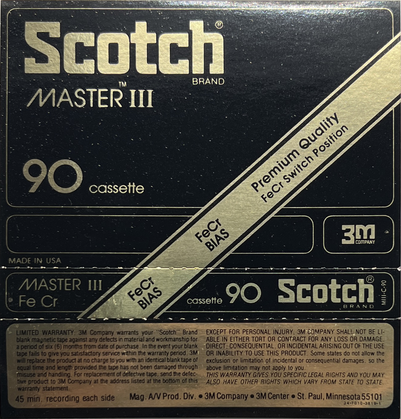 Compact Cassette Scotch Master III 90 Type III Ferro Chrome 1980 USA