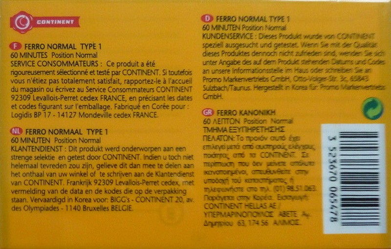 Compact Cassette Continent / Continente Ferro 60 Type I Normal Europe
