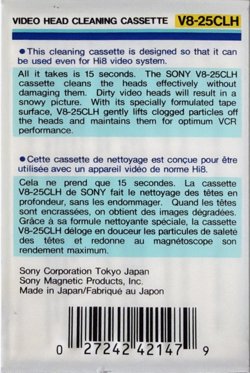 Video8, Hi8, Digital8 Sony "V8-25CLH" Cleaning Cassette 1986 North America