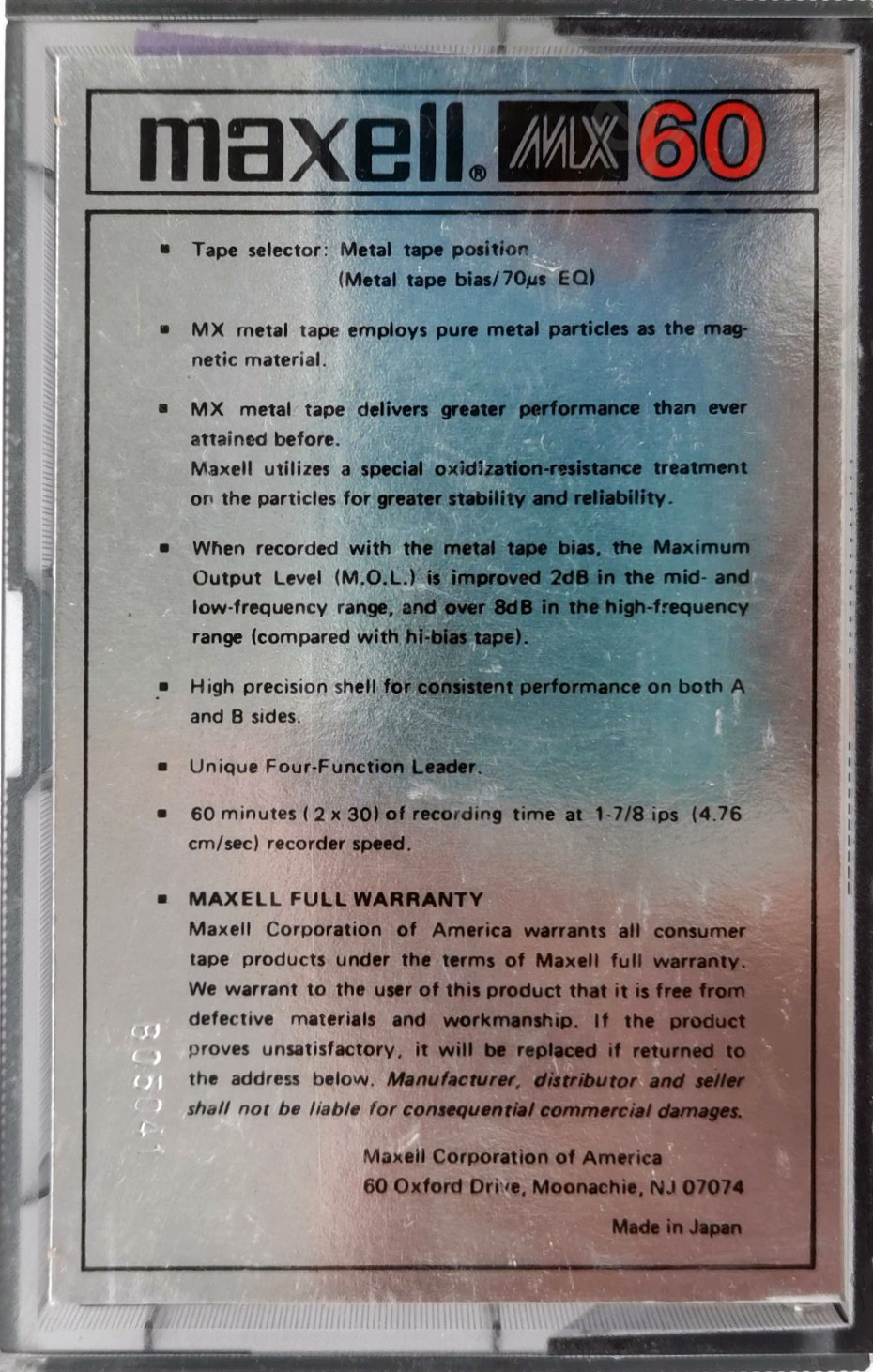Compact Cassette Maxell MX 60 Type IV Metal 1979 USA