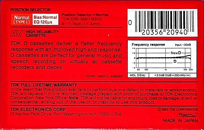 Compact Cassette TDK AV 60 "AV-D60" Type I Normal 1985 USA