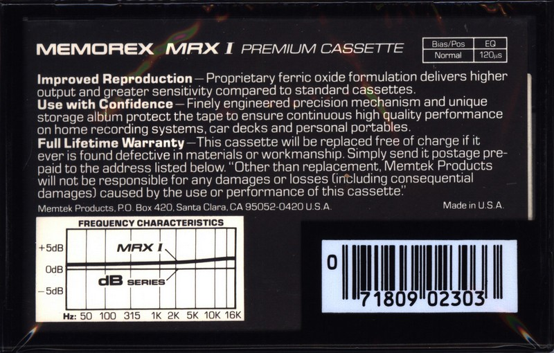 Compact Cassette Memorex MRX I 60 Type I Normal 1985 USA