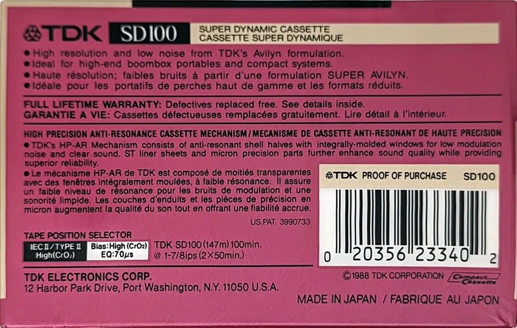 Compact Cassette TDK SD 100 Type II Chrome 1988 North America