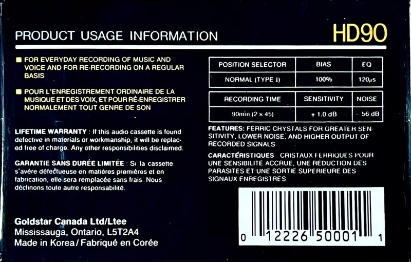 Compact Cassette Goldstar HD 90 Type I Normal 1990 Canada