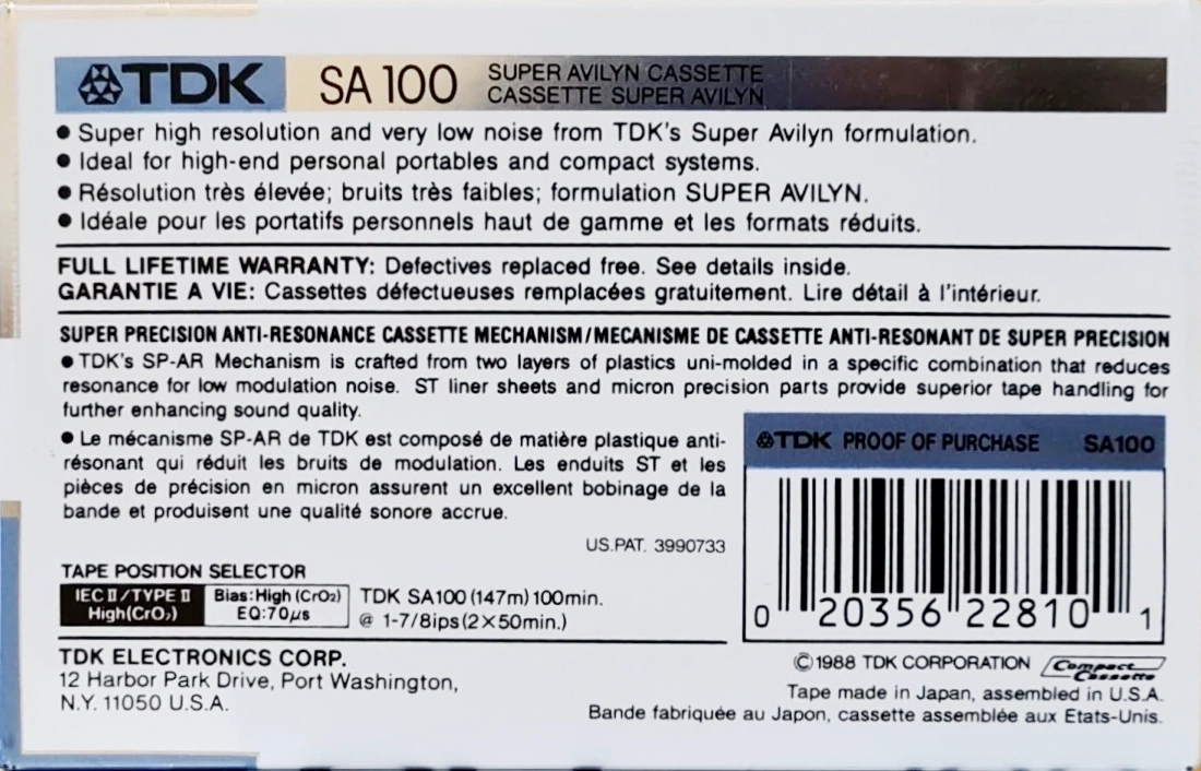 Compact Cassette TDK SA 100 Type II Chrome 1988 North America