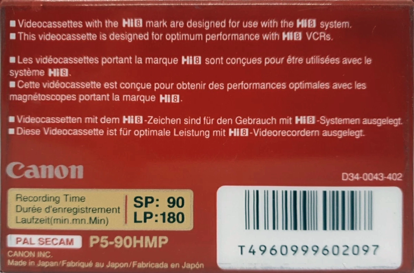 Video8, Hi8, Digital8 Canon Metal MP 90 "Hi8 P5-90HMP" Type IV Metal 1989 Europe