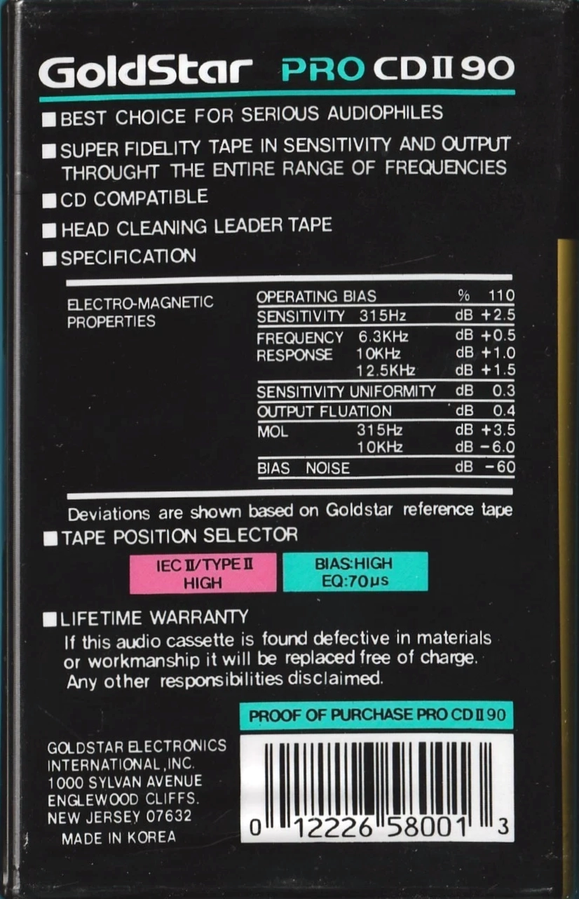 Compact Cassette Goldstar PRO CD 90 Type II Chrome 1991 USA