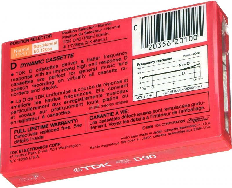 Compact Cassette TDK D 90 Type I Normal 1986 North America