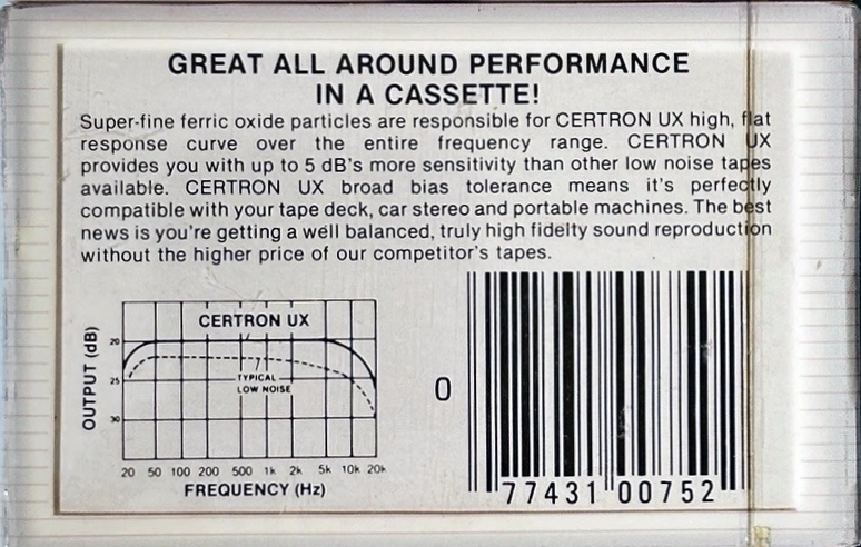 Compact Cassette Certron UX 60 Type I Normal 1986 USA