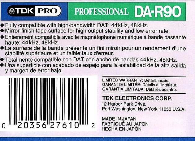 Digital Audio Tape TDK 90 "DA-RPRO90AX" Type IV Metal 1996 North America