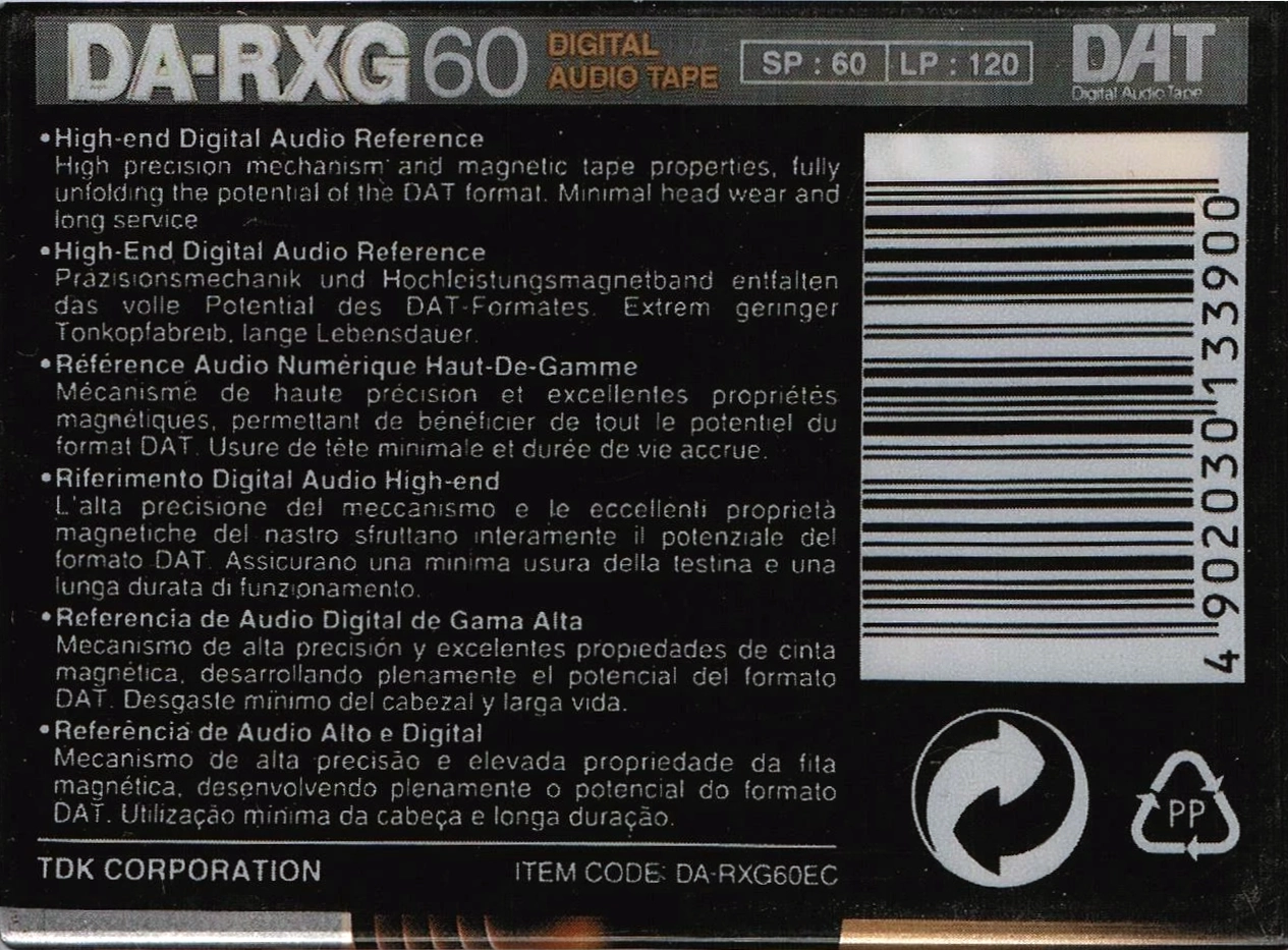 Digital Audio Tape TDK DA-RXG 60 "DA-RXG60EC" Type IV Metal 1996 Europe