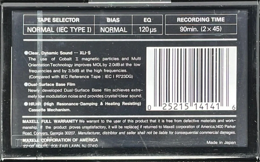 Compact Cassette Maxell XLI-S 90 Type I Normal 1992 USA