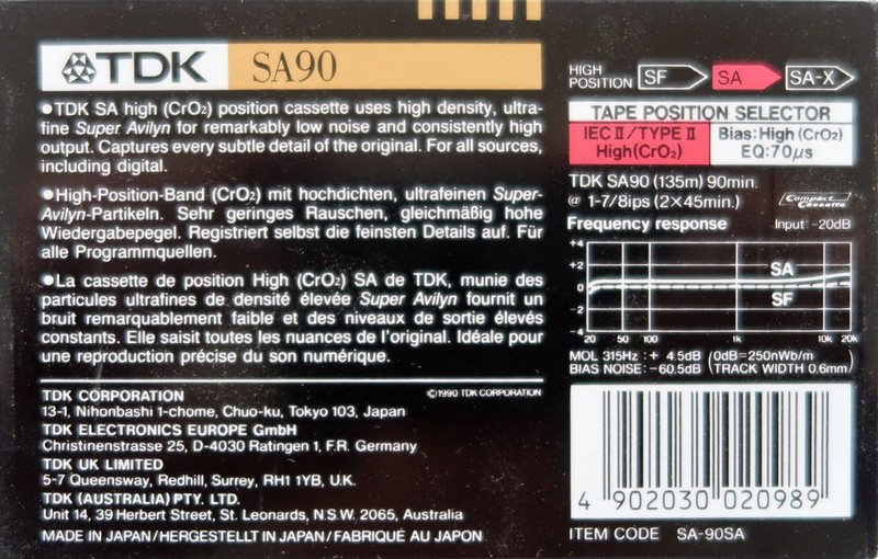 Compact Cassette TDK SA 90 "SA-90SA" Type II Chrome 1990 Australia, Europe