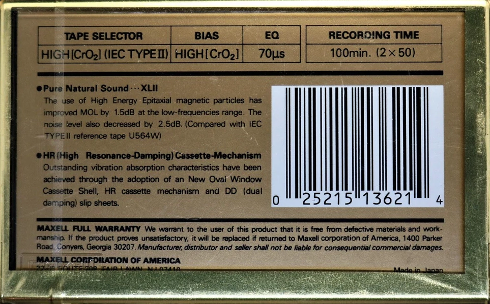 Compact Cassette Maxell XLII 100 Type II Chrome 1990 USA