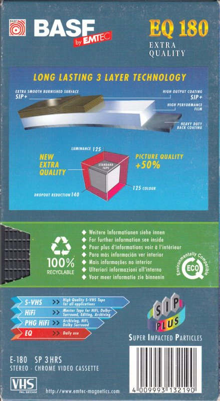 VHS, Video Home System BASF Extra Quality 180 Type II Chrome 1998 Europe