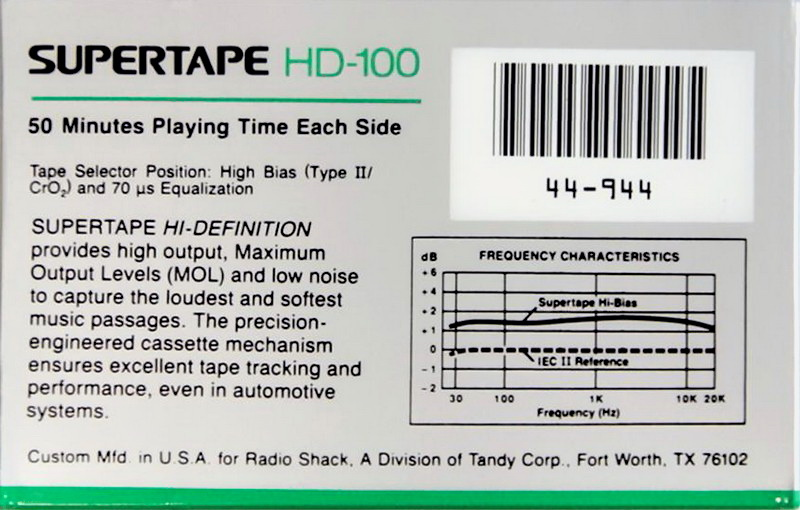 Compact Cassette SUPERTAPE HD 100 "44-944" Type II Chrome 1988 USA