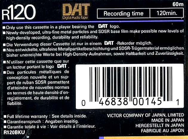 Digital Audio Tape JVC 120 "R120BKU" Type IV Metal 1987 North America