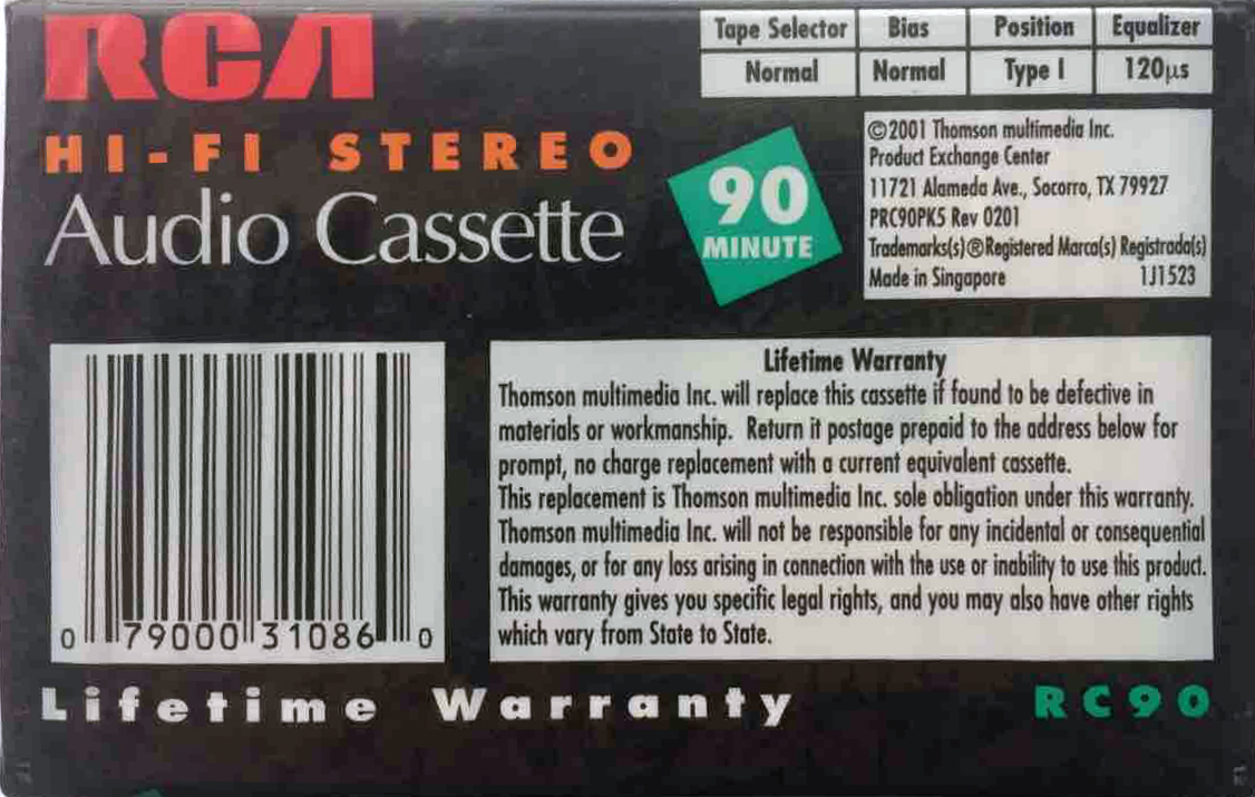 Compact Cassette RCA RC 90 Type I Normal 2001 USA