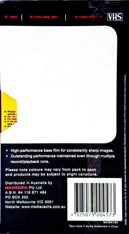 VHS, Video Home System MCMX 180 Type I Normal Australia