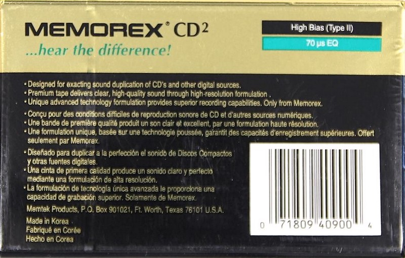 Compact Cassette Memorex CD 2 90 Type II Chrome 1995 Canada, USA