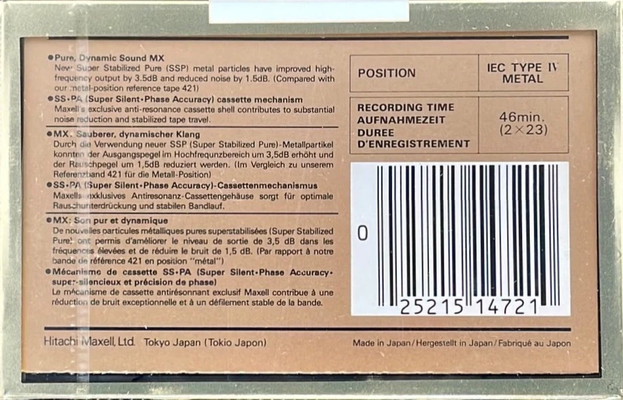 Compact Cassette Maxell MX 46 Type IV Metal 1988 North America