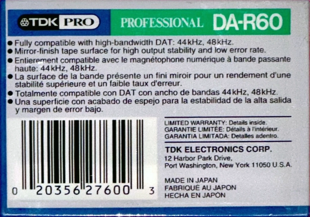 Digital Audio Tape TDK 60 "DA-RPRO60AX" Type IV Metal 1996 North America
