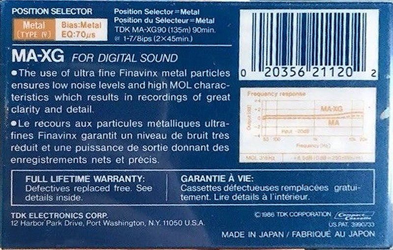 Compact Cassette TDK MA-XG 90 Type IV Metal 1986 North America