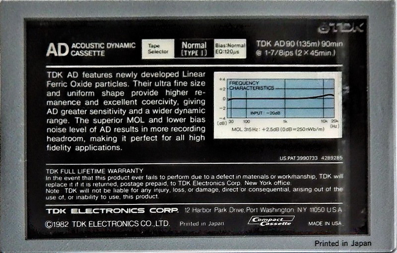 Compact Cassette TDK AD 90 Type I Normal 1982 USA