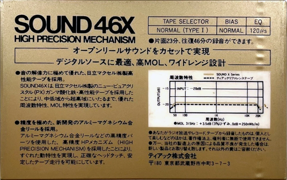 Compact Cassette Teac SOUND 46 "46XG" Type I Normal 1984 Japan