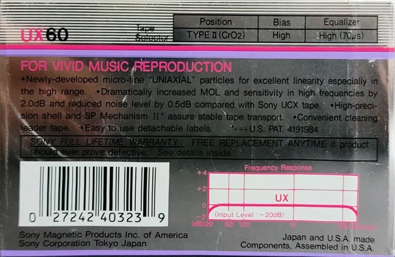 Compact Cassette Sony UX 60 Type II Chrome 1986 USA