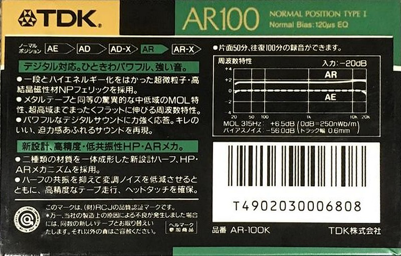 Compact Cassette TDK AR 100 "AR-100K" Type I Normal 1988 Japan