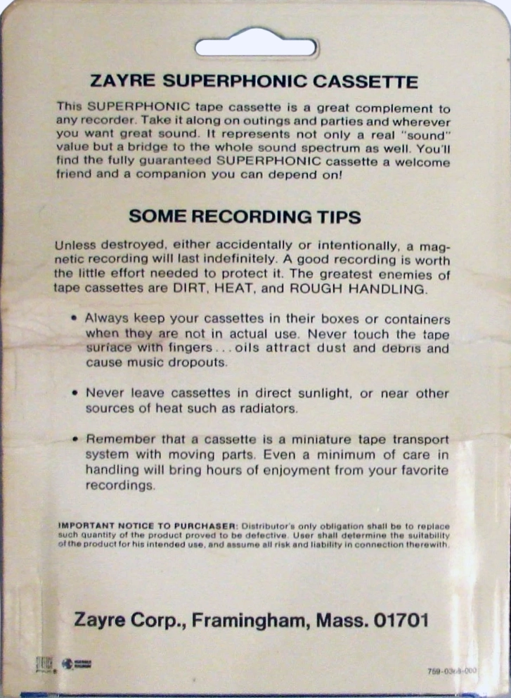 Blister Zayre Superphonic 60 Type I Normal 1974 USA