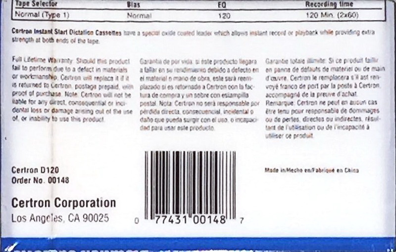 Compact Cassette Certron 120 Dictating Cassette China