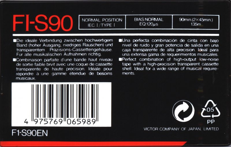 Compact Cassette JVC FI-S 90 "F1-S90EN" Type I Normal 1990 Europe