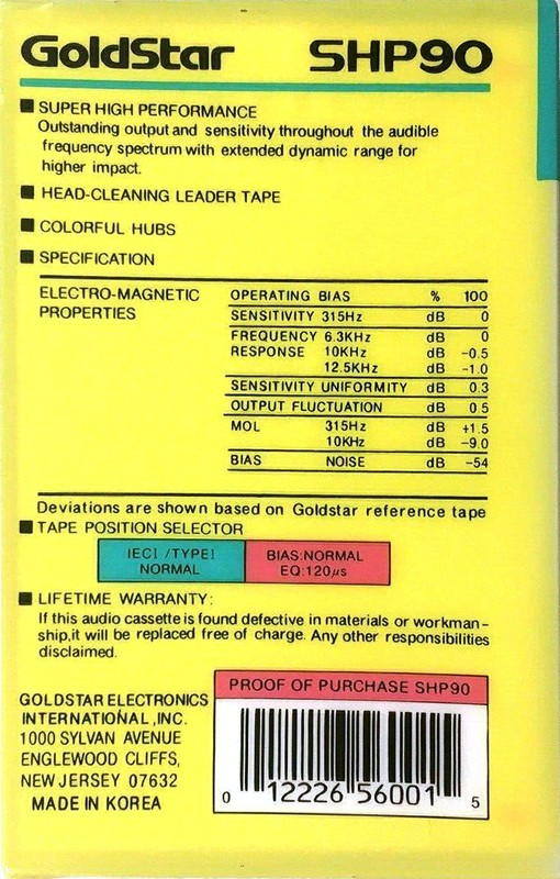 Compact Cassette Goldstar SHP 90 Type I Normal 1991 USA