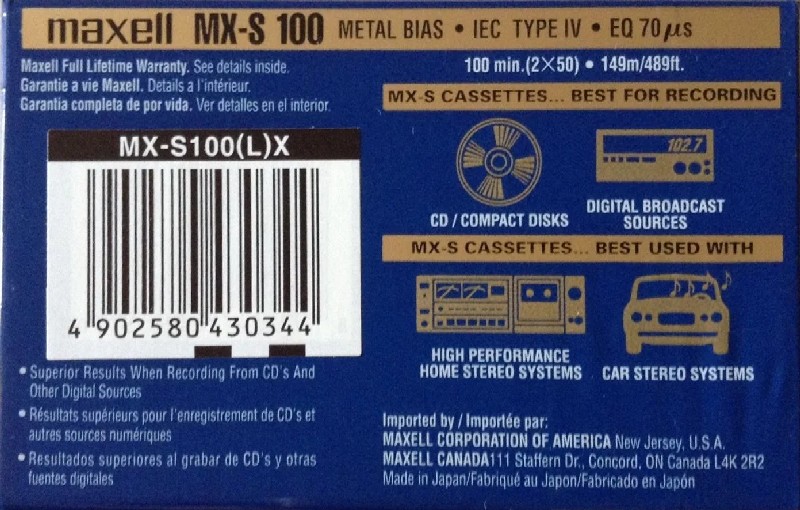 Compact Cassette Maxell MX-S 100 "MX-S100(L)X" Type IV Metal 1998 North America