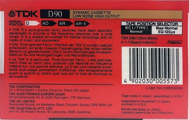 Compact Cassette TDK D 90 Type I Normal 1988 Australia, Europe