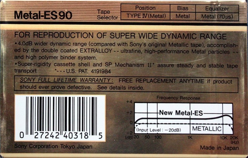 Compact Cassette Sony Metal-ES 90 Type IV Metal 1986 USA