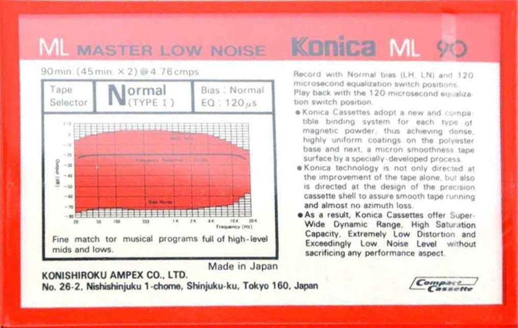 Compact Cassette Konica ML 90 Type I Normal 1984 USA