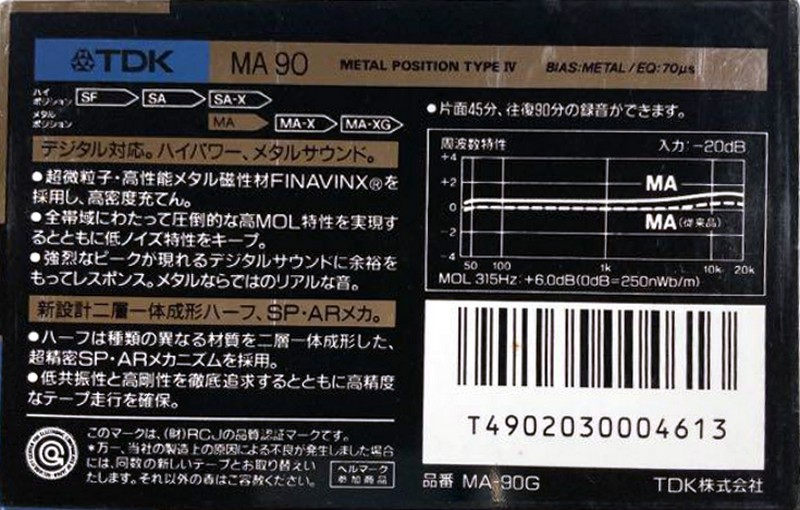 Compact Cassette TDK MA 90 "MA-90G" Type IV Metal 1987 Japan