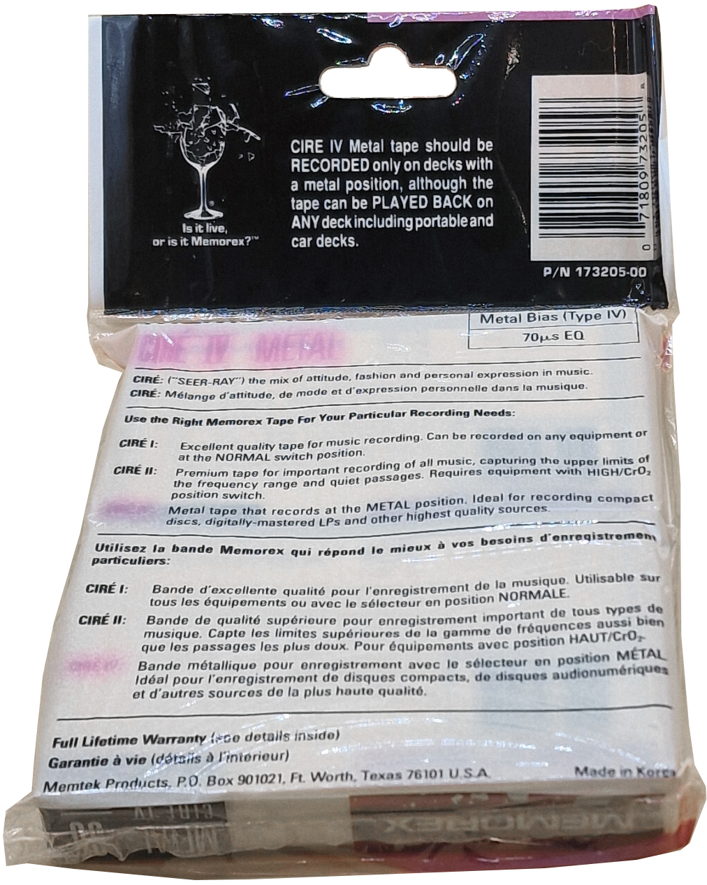 Blister Memorex Cire 90 Type IV Metal 1991 North America