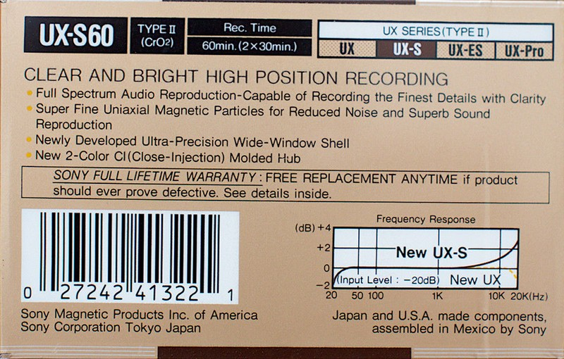 Compact Cassette Sony UX-S 60 Type II Chrome 1988 USA