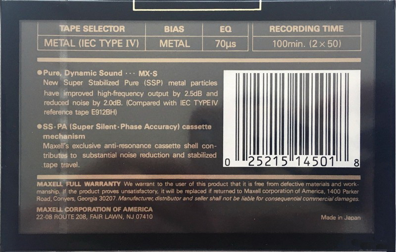 Compact Cassette Maxell MX-S 100 Type IV Metal 1990 USA