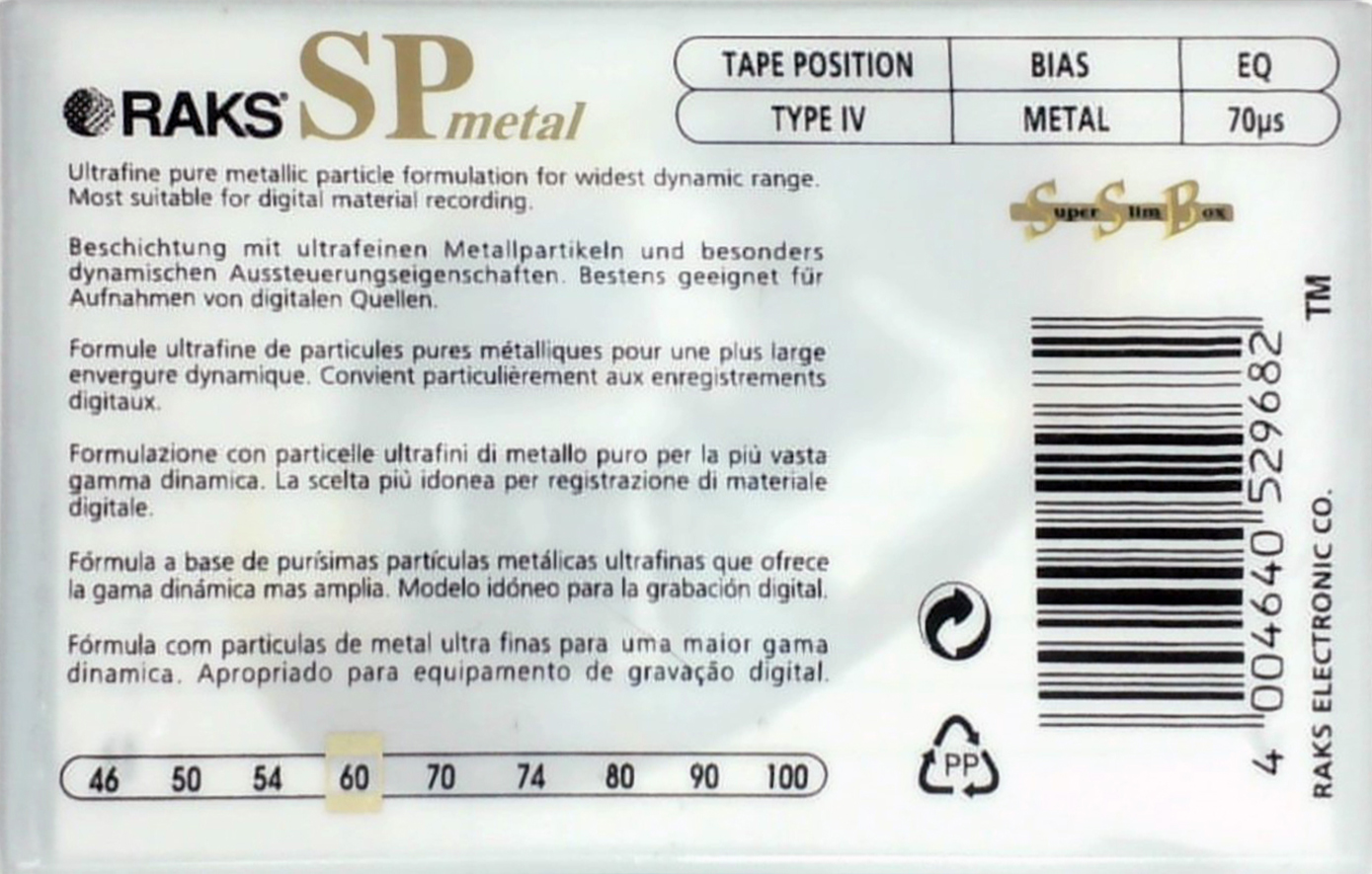 Compact Cassette RAKS SP 60 "SP Metal" Type IV Metal 1996 Europe
