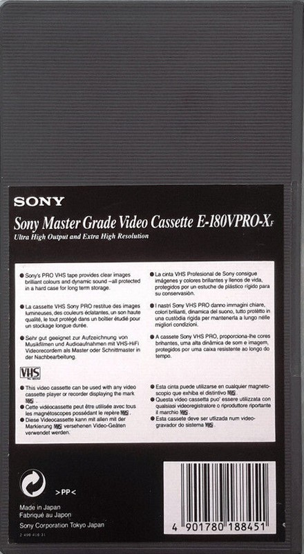 VHS, Video Home System Sony Pro-X 180 "E-180VPRO-XF" Type I Normal Europe