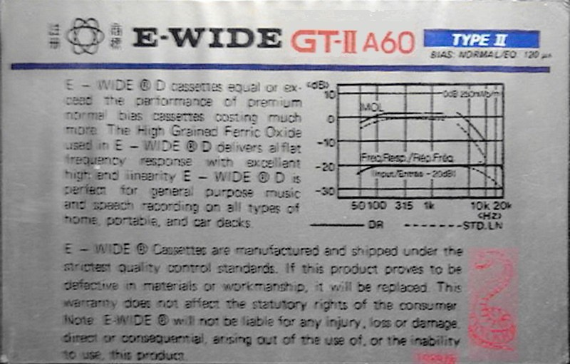 Compact Cassette E-Wide GT-II 60 "For Car Stereo" Type I Normal 1988 China