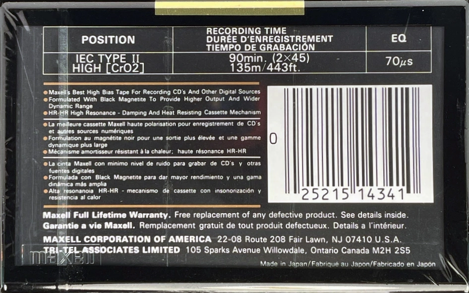 Compact Cassette Maxell XLII-S 90 Type II Chrome 1993 North America