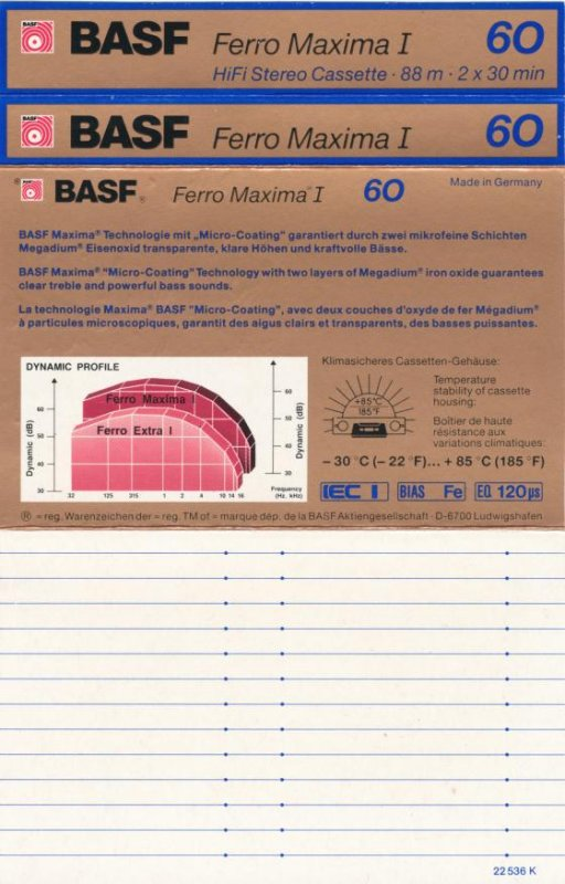 Compact Cassette BASF Ferro Maxima I 60 Type I Normal 1988 Europe