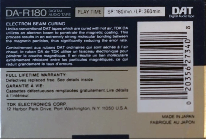 Digital Audio Tape TDK 180 "DA-R180" Type IV Metal 1992 North America